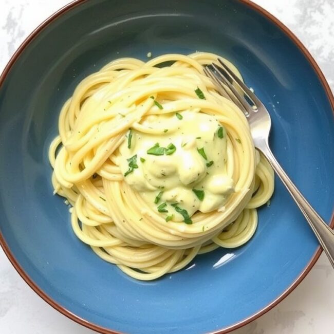 A skillet showcasing garlic creamy chicken pasta, complete with cooked chicken, fettuccine, and a creamy sauce.