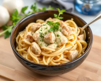 A bowl of garlic creamy chicken pasta, featuring fettuccine noodles coated in a rich garlic cream sauce, topped with sautéed chicken pieces and garnished with fresh parsley.