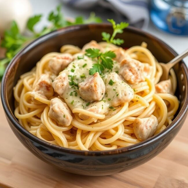 A bowl of garlic creamy chicken pasta, featuring fettuccine noodles coated in a rich garlic cream sauce, topped with sautéed chicken pieces and garnished with fresh parsley.
