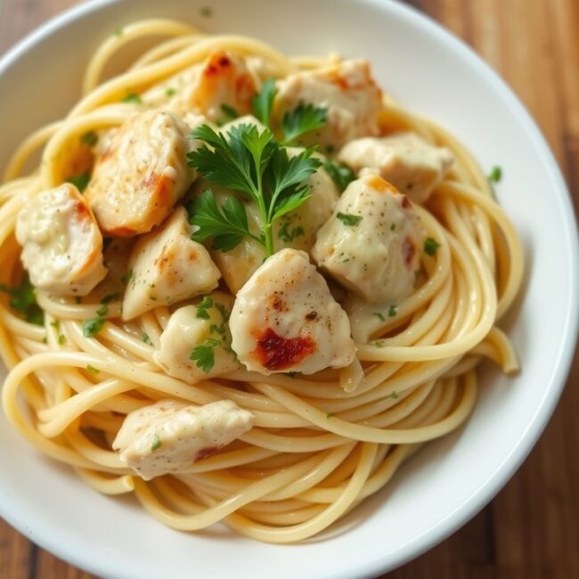 An elegant serving of garlic cream chicken fettuccine, beautifully plated with parsley garnish.