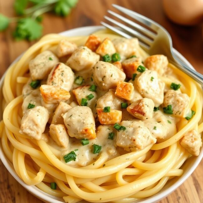 A quick and easy garlic creamy chicken pasta dish, ready to serve with a sprinkle of parsley on top.