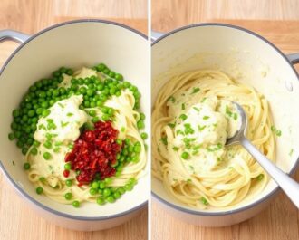 A skillet filled with creamy garlic sauce, featuring melted butter, minced garlic, heavy cream, and grated Parmesan cheese, ready to be mixed with pasta.