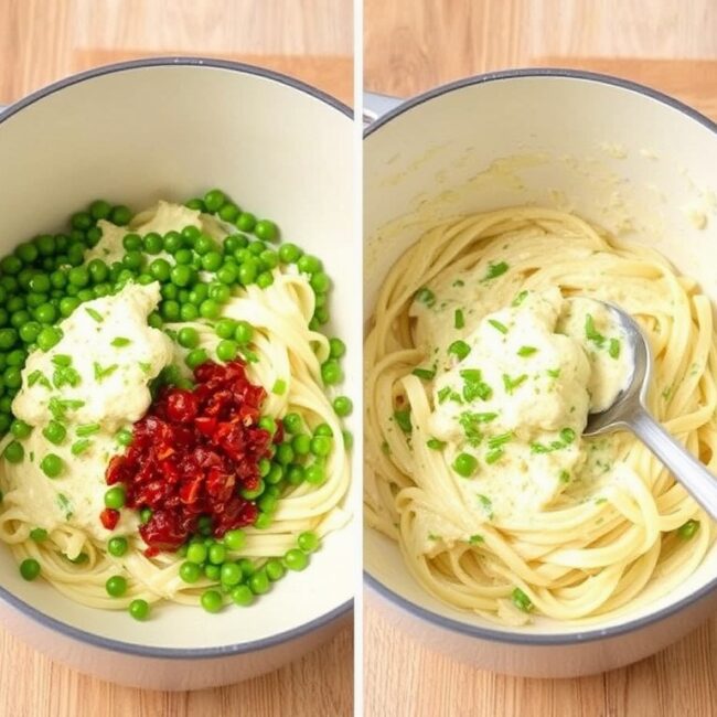 A skillet filled with creamy garlic sauce, featuring melted butter, minced garlic, heavy cream, and grated Parmesan cheese, ready to be mixed with pasta.