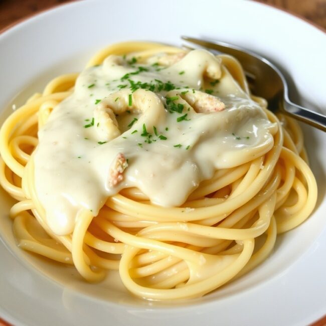 A close-up of garlic cream sauce pasta with chicken, showcasing the creamy texture and fresh herbs.