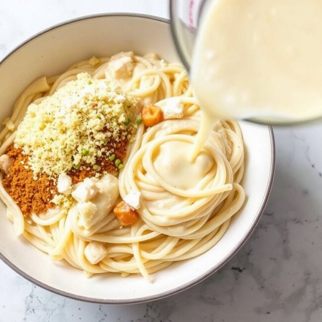 A comforting bowl of garlic chicken pasta, featuring creamy sauce and garnished with parsley.