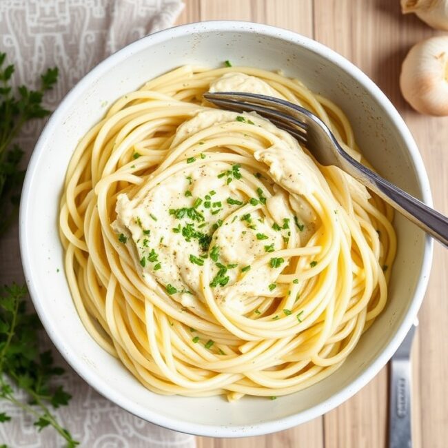 A plate of creamy garlic chicken pasta with fettuccine noodles, sautéed chicken, and fresh parsley