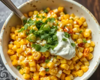 Corn mixed with creamy seasoning in a bowl.