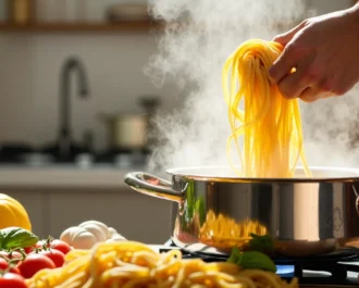 A saucepan with creamy garlic sauce being stirred with a wooden spoon