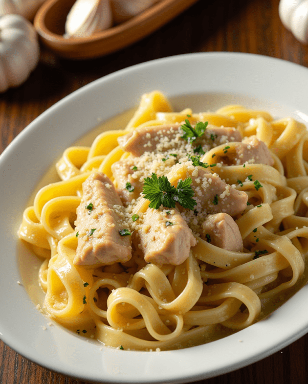 A plate of creamy garlic chicken pasta garnished with fresh herbs