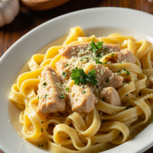 A plate of creamy garlic chicken pasta garnished with fresh herbs