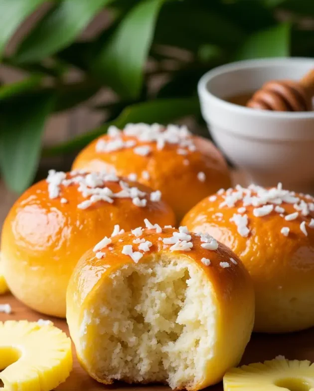 Soft and fluffy Hawaiian rolls with a golden-brown top.