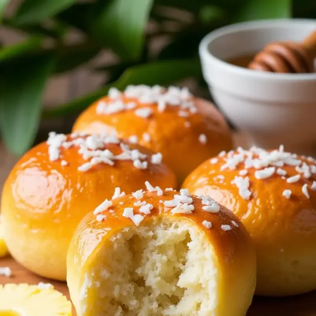 Soft and fluffy Hawaiian rolls with a golden-brown top.