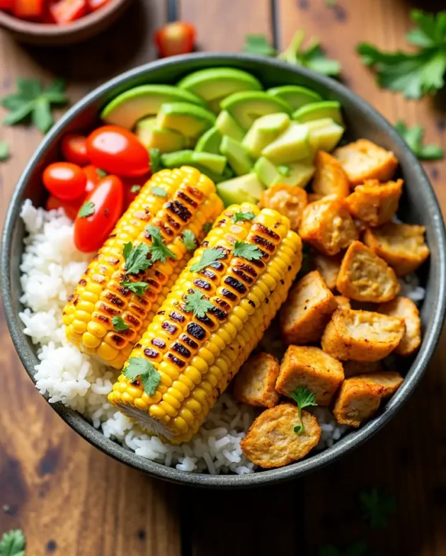 A bowl of street corn chicken and rice topped with fresh herbs and cheese.