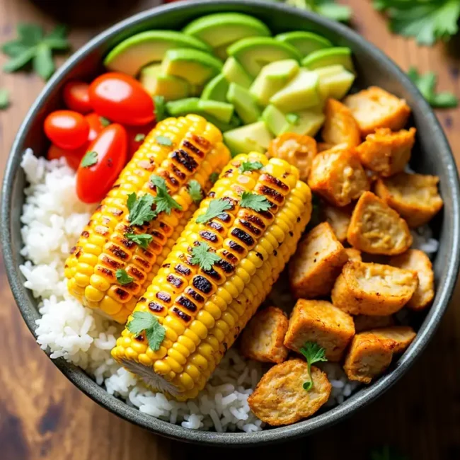 A bowl of street corn chicken and rice topped with fresh herbs and cheese.