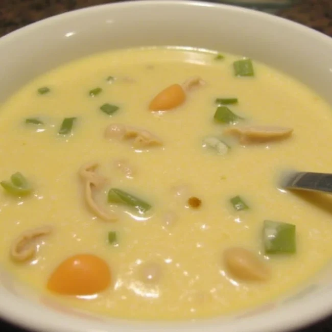 Homemade creamy chicken and rice soup in a rustic bowl with a spoon.