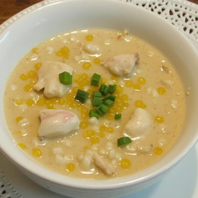 Serving of creamy chicken and wild rice soup with a bread roll on the side.
