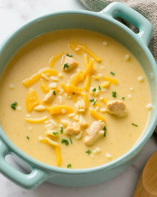 Bowl of creamy chicken and rice soup topped with herbs – Creamy Chicken and Rice Soup