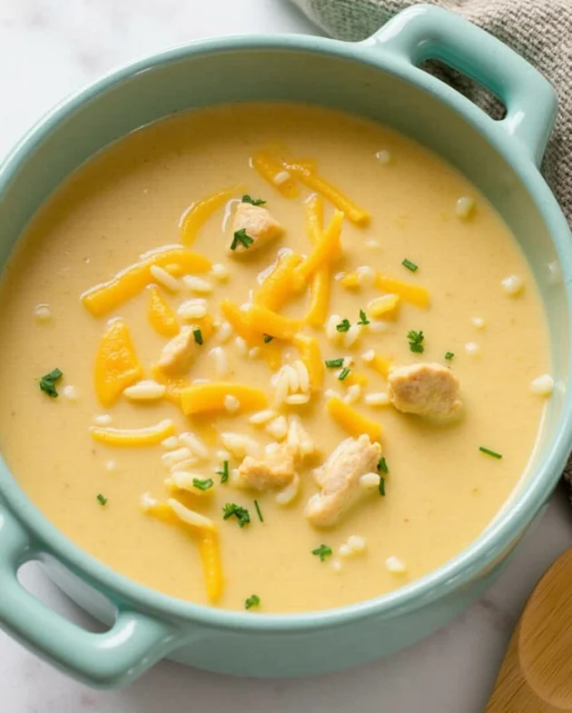 Bowl of creamy chicken and rice soup topped with herbs – Creamy Chicken and Rice Soup