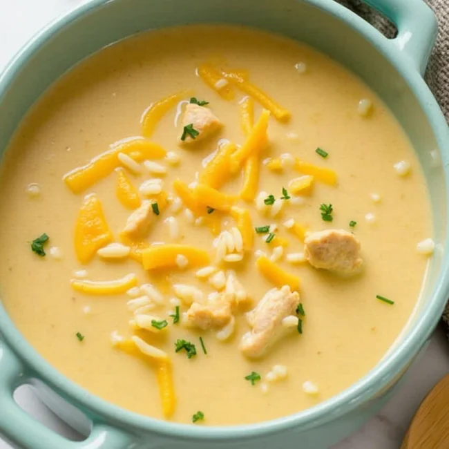 Bowl of creamy chicken and rice soup topped with herbs – Creamy Chicken and Rice Soup