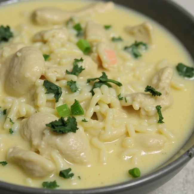 Slow cooker filled with creamy chicken and wild rice soup ready to be served