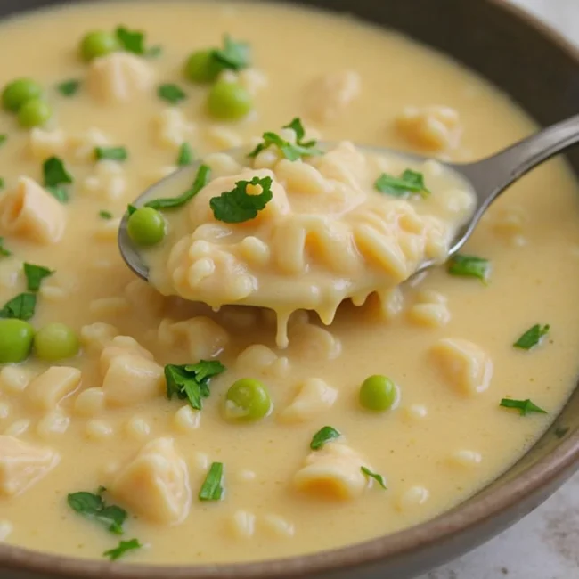 Affordable creamy chicken and rice bake served in a casserole dish.