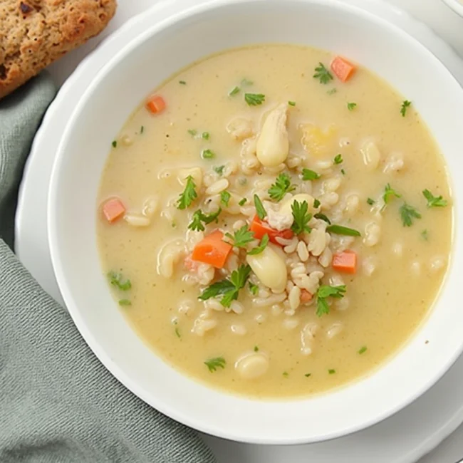 Quick creamy chicken and rice soup served in a bowl with parsley garnish.