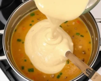 A warm bowl of creamy chicken and wild rice soup garnished with herbs.