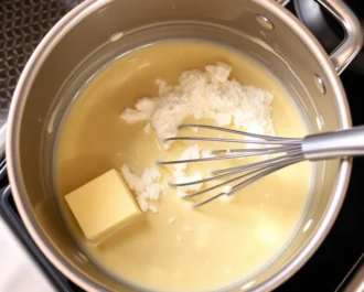 A casserole dish filled with creamy chicken and rice bake, ready to serve.