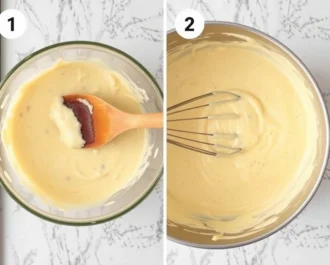 A saucepan filled with a creamy sauce, simmering gently on the stove. The words Prepare the Creamy Sauce are overlaid on the image.