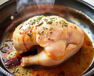 A close-up of seasoned chicken breasts sizzling in a hot pan, with herbs and spices visible on the surface. The words Season and Sear the Chicken are overlaid on the image.