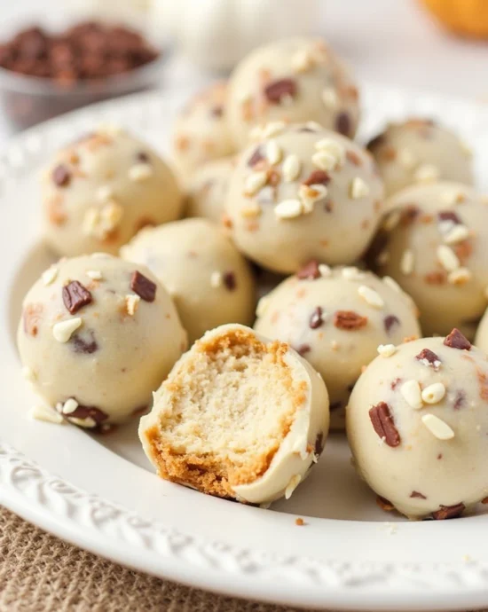 No bake pumpkin cheesecake balls on a plate