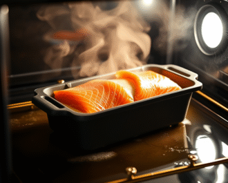 Sliced salmon terrine on a white plate garnished with lemon, herbs, and toast.
