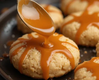 Warm caramel sauce being drizzled artistically over cookies using a spoon