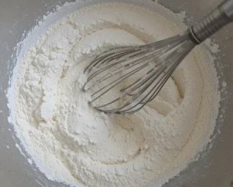 eparate bowl with flour, baking soda, and salt being whisked together with a metal whisk.