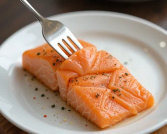 Steam or poach the fresh salmon fillets for about 8–10 minutes until fully cooked. Let it cool slightly and flake the meat with a fork.
