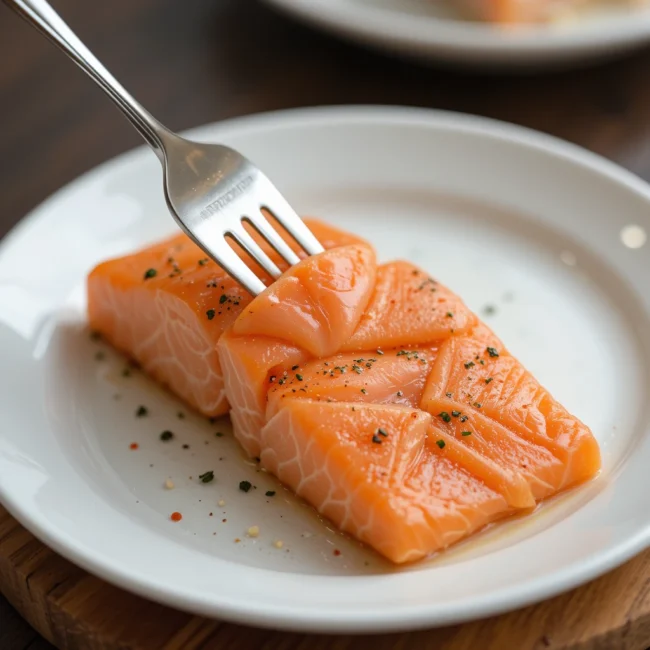 Steam or poach the fresh salmon fillets for about 8–10 minutes until fully cooked. Let it cool slightly and flake the meat with a fork.