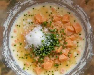 Pour the mixture into the smoked salmon-lined mold. Smooth the top with a spoon and fold the smoked salmon slices over the mixture to seal it.