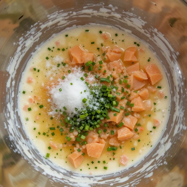 Pour the mixture into the smoked salmon-lined mold. Smooth the top with a spoon and fold the smoked salmon slices over the mixture to seal it.