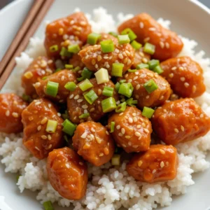 Close-up of sweet chili chicken with a thick red glaze, garnished with sesame seeds and chili flakes.
