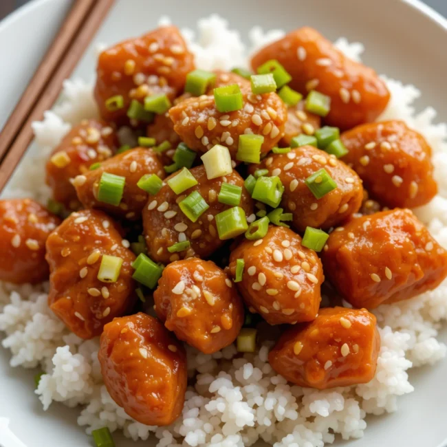 Close-up of sweet chili chicken with a thick red glaze, garnished with sesame seeds and chili flakes.