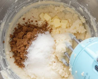 Butter, brown sugar, and white sugar being mixed in a bowl with a hand mixer until fluffy