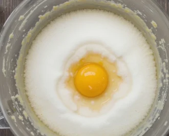 Cracking a large egg into the sugar-butter mixture, with vanilla extract bottle nearby