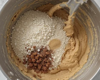 Dry ingredients being slowly added to the wet mixture in the mixing bowl, forming a soft cookie dough