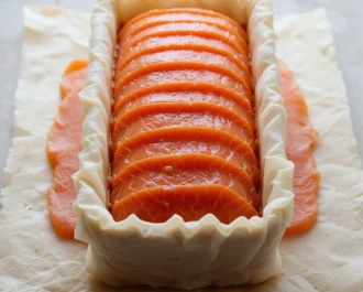 A parchment-lined terrine mold with slices of smoked salmon carefully laid along the sides and bottom.