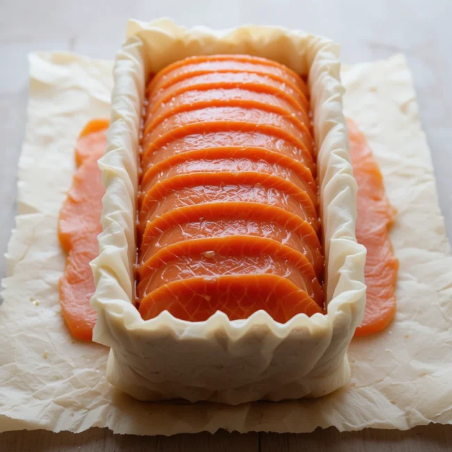 A parchment-lined terrine mold with slices of smoked salmon carefully laid along the sides and bottom.
