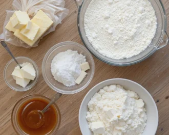 Kitchen setup with ingredients for caramel cheesecake cookies laid out on a wooden counter, including butter, sugars, flour, cream cheese, and caramel sauce.