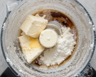 Softened cream cheese, powdered sugar, and vanilla extract being blended in a small bowl until creamy.