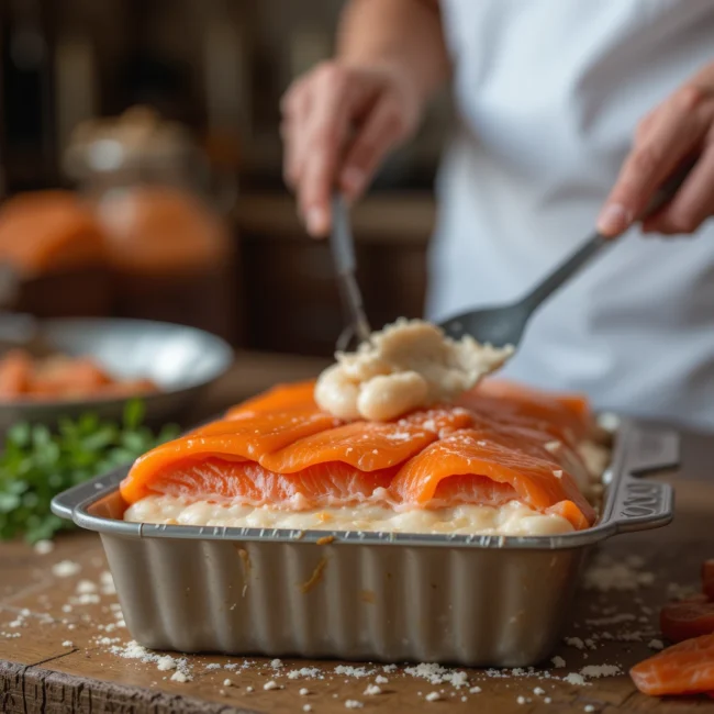 Flaked salmon fillets on a wooden board with a fork, surrounded by herbs, eggs, and cream.