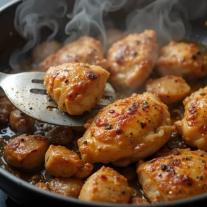Juicy sweet chili chicken pieces coated in a glossy red sauce, served hot with a sprinkle of herbs and steamed rice.