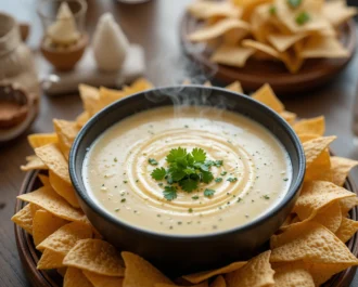 White queso poured over nachos